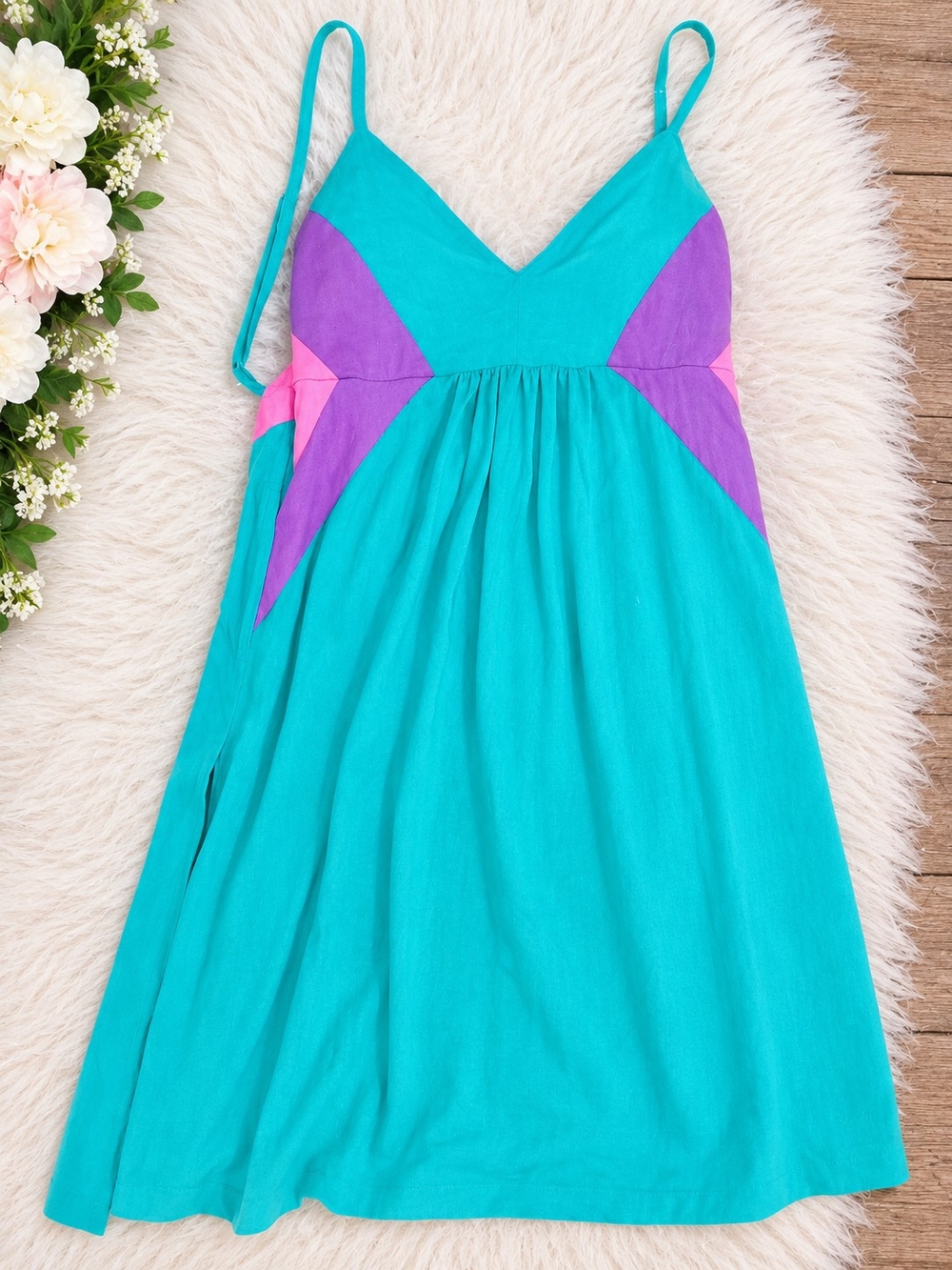 OP Teal Colorblock Spaghetti Strap Sundress with Purple and Pink Accents